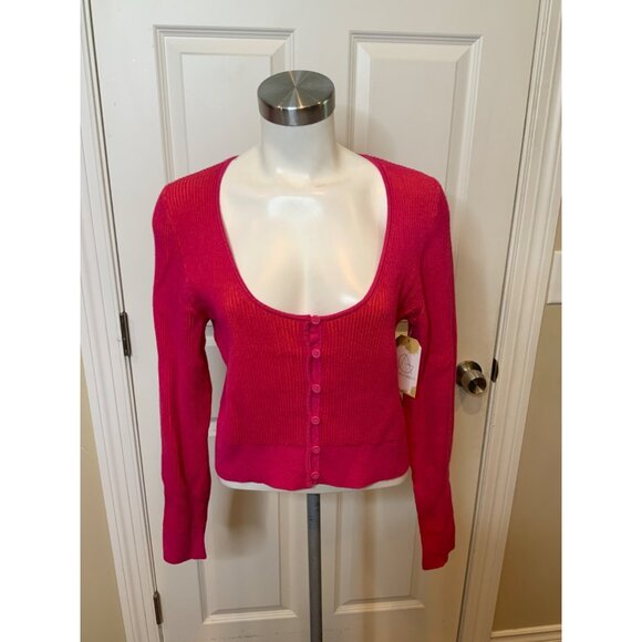 J.Crew Hot Pink & Orange Rib Knit Plunge Neckline Button-Up Cardigan, Size L - Picture 1 of 5